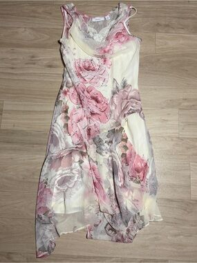 Vintage Y2K DressBarn Fairy Floral Sequin Beaded Cowl Neck Midi Dress Size M